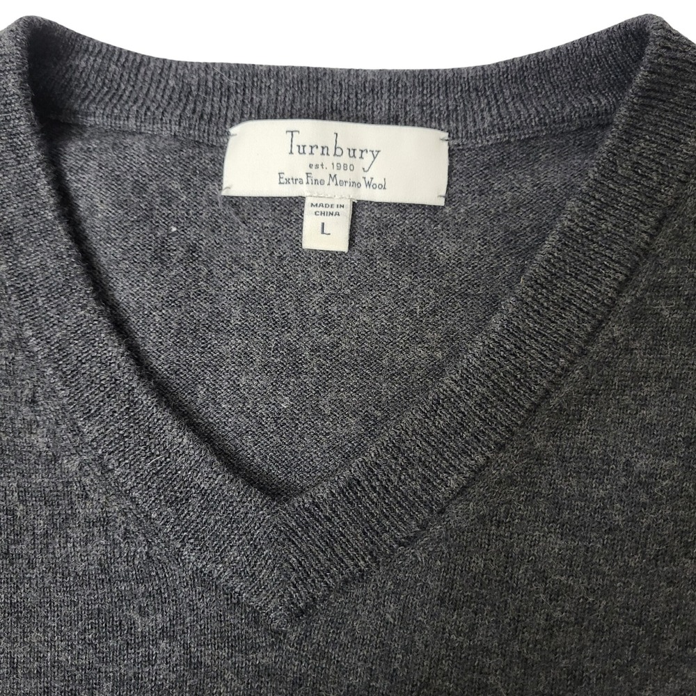 Turnbury Extra Fine Merino Wool Mens V Neck Sweater Dark Gray Size L Unisex